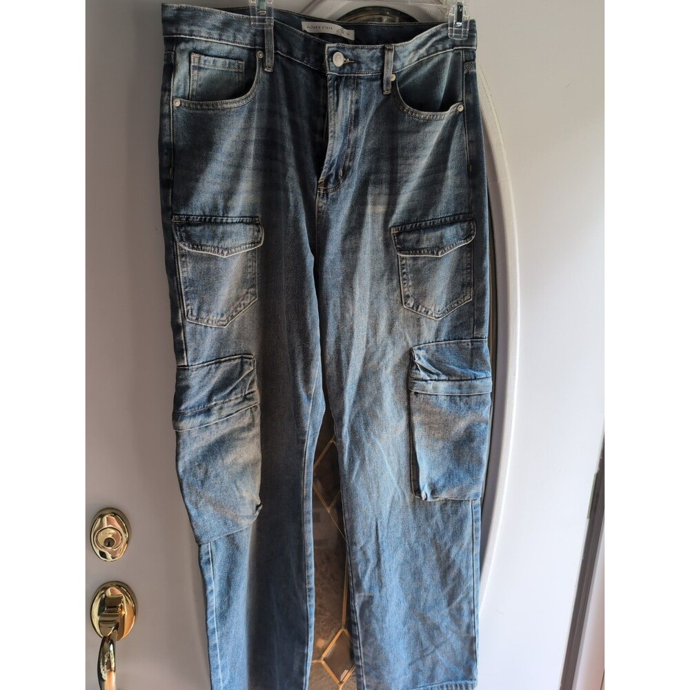 Altar'd State Denim Cargo Pants Size 30 High Rise Wide Leg 100% Cotton Utility